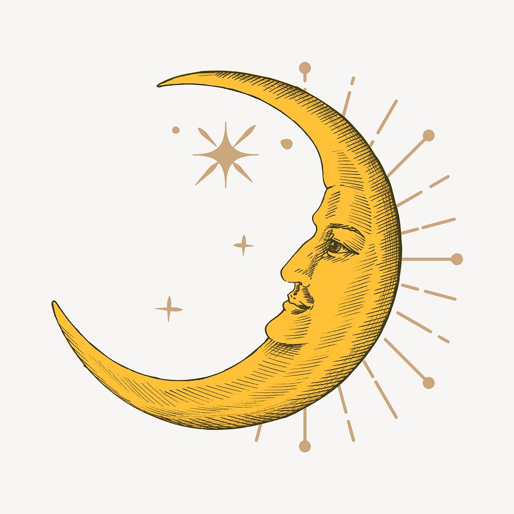 Crescent moon sticker, celestial, whimsical illustration psd