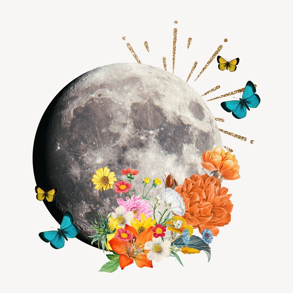 Surreal floral moon sticker, galaxy graphic psd