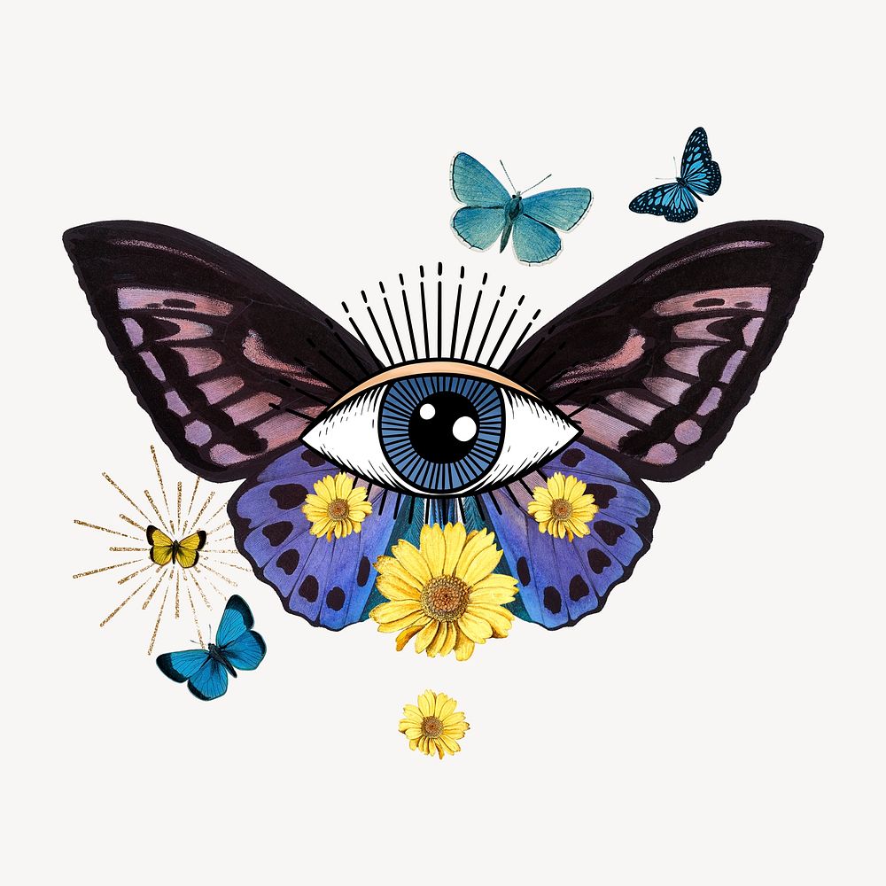 Butterfly eye sticker, surreal, whimsical illustration psd