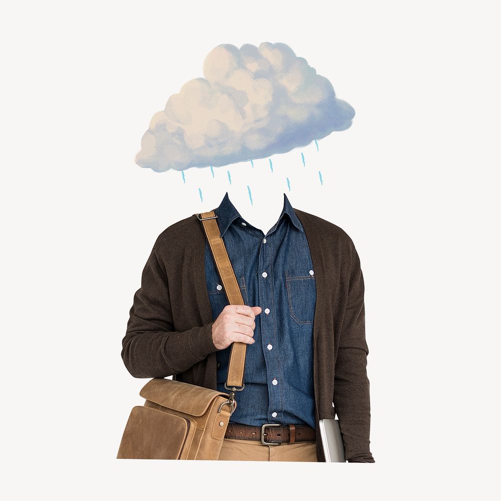 Raining cloud head man, depression, mental health remixed media
