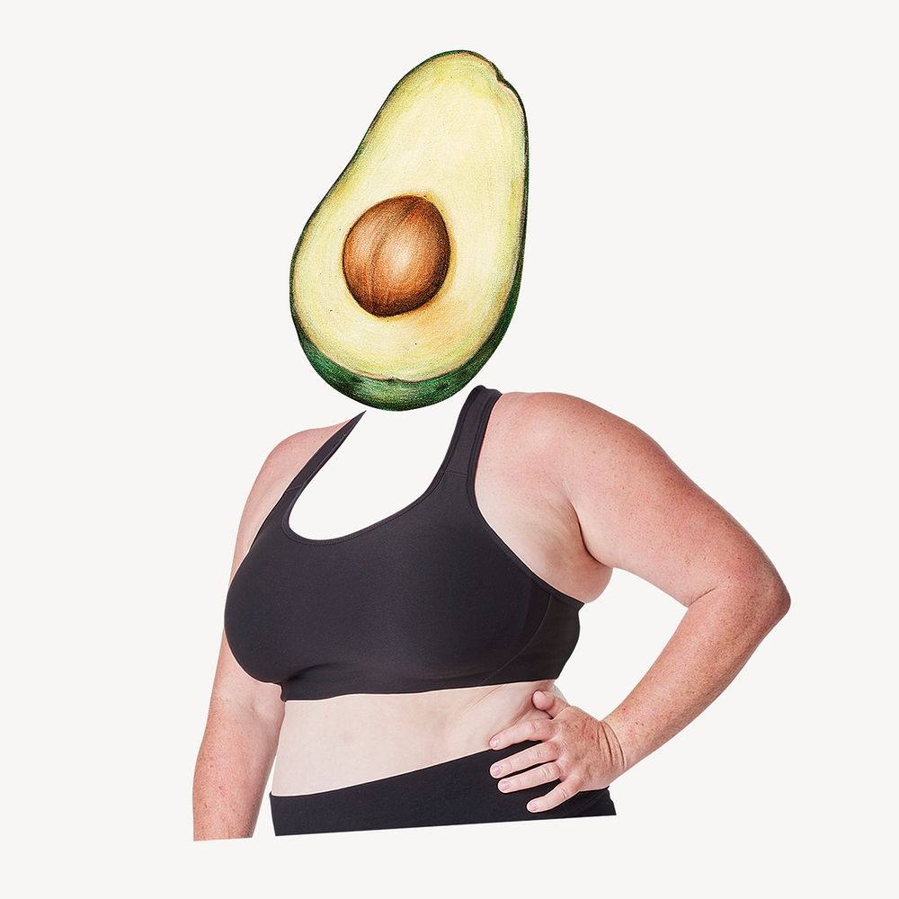 Avocado fruit head woman, health, wellness remixed media psd