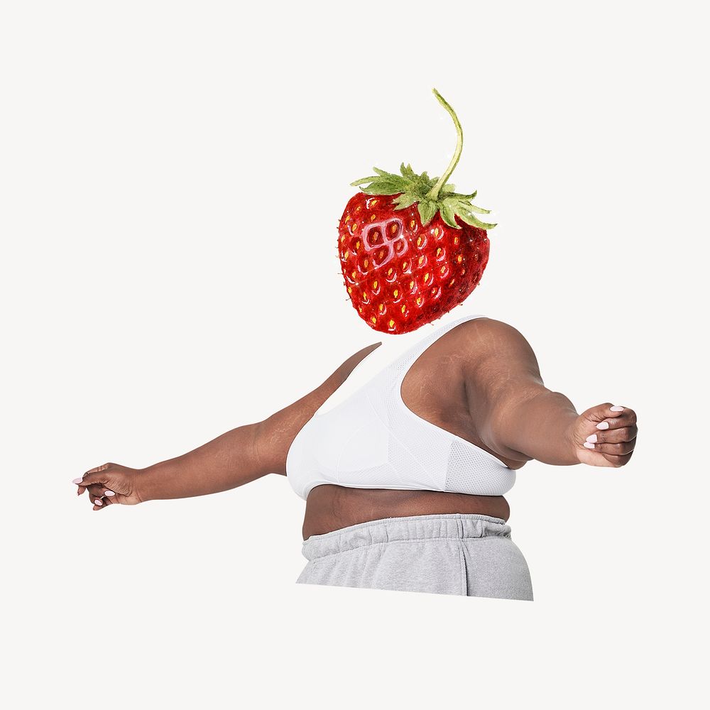 Strawberry fruit head woman, health, wellness remixed media psd