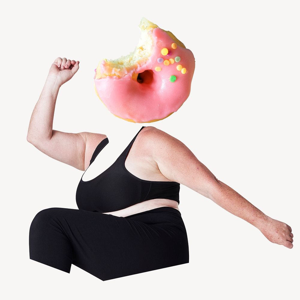 Donut head plus-size woman, dessert food remixed media