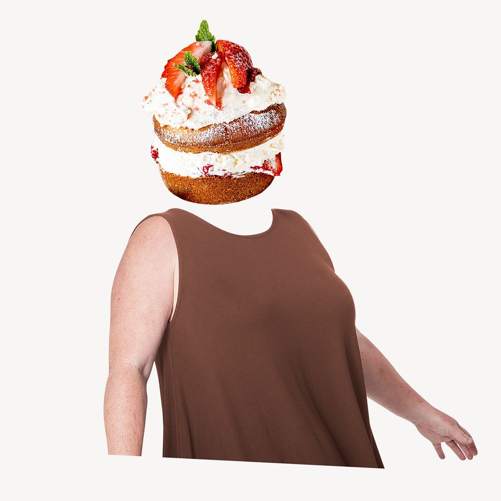 Strawberry cake head plus-size woman, dessert food remixed media