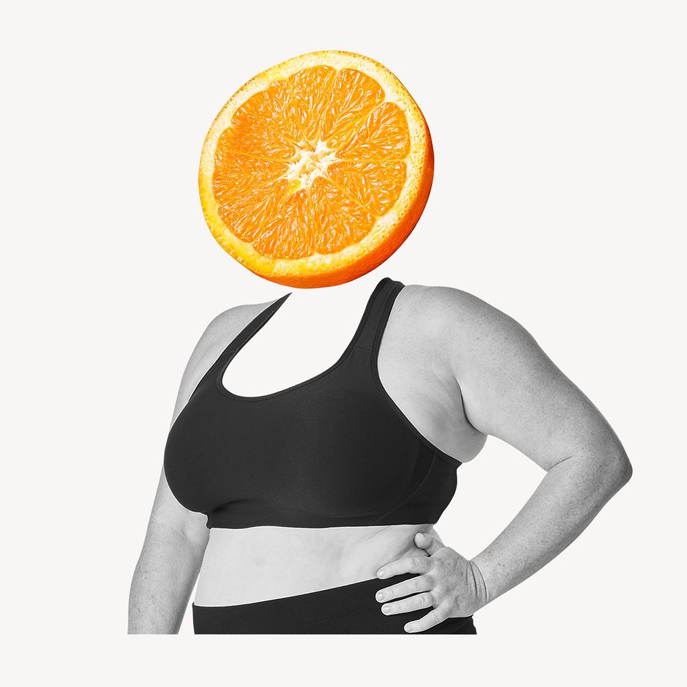 Orange fruit head woman, health, wellness remixed media
