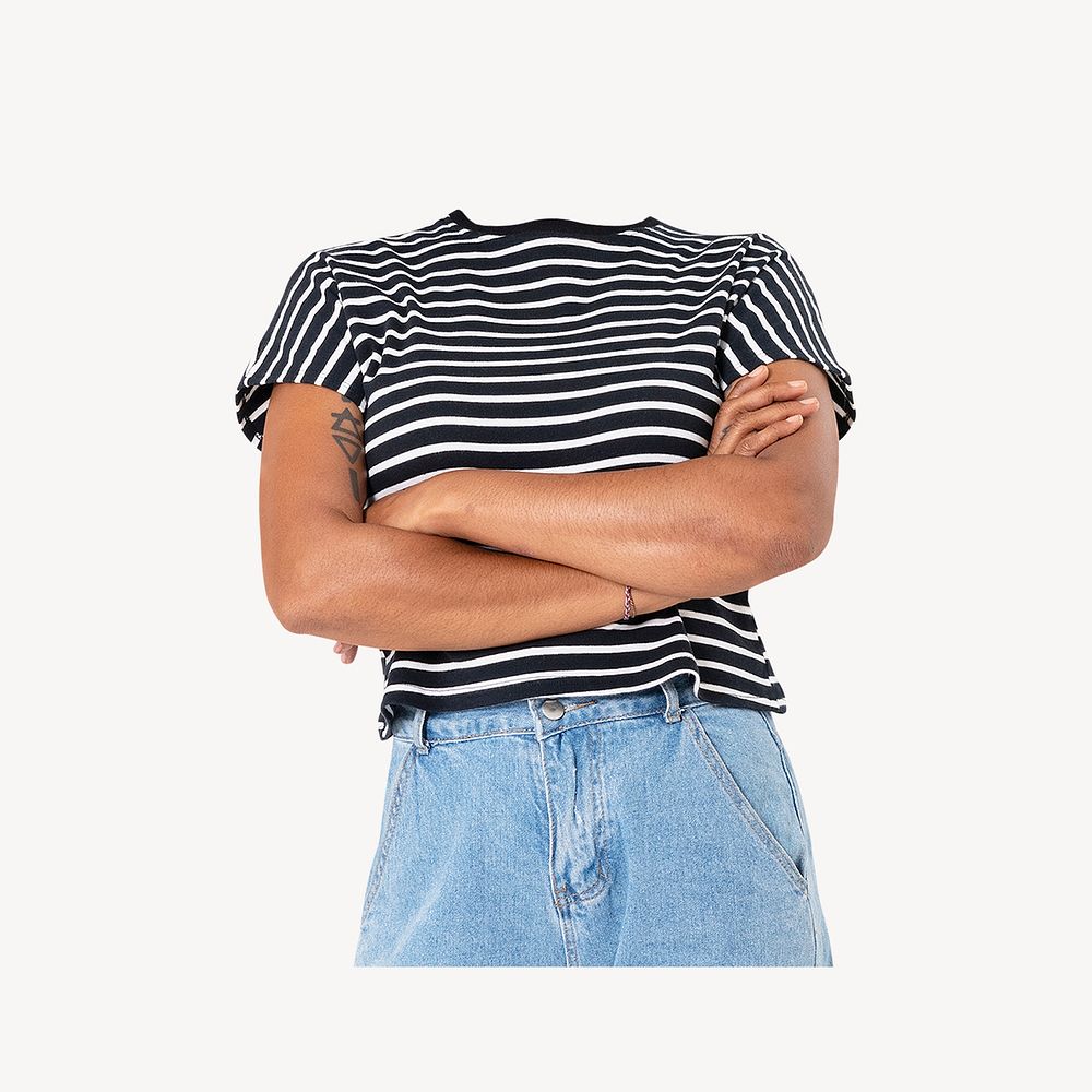Headless woman wearing striped t-shirt, casual fashion psd