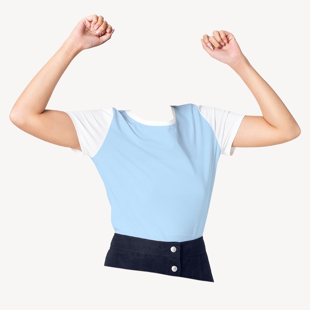 Headless woman cheering, blue t-shirt image psd
