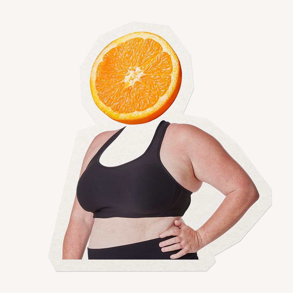 Orange fruit head woman, health, wellness remixed media