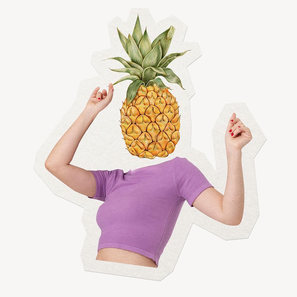 Pineapple fruit head woman, health, wellness remixed media
