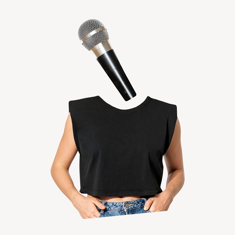 Microphone head woman, music, surreal remixed media psd