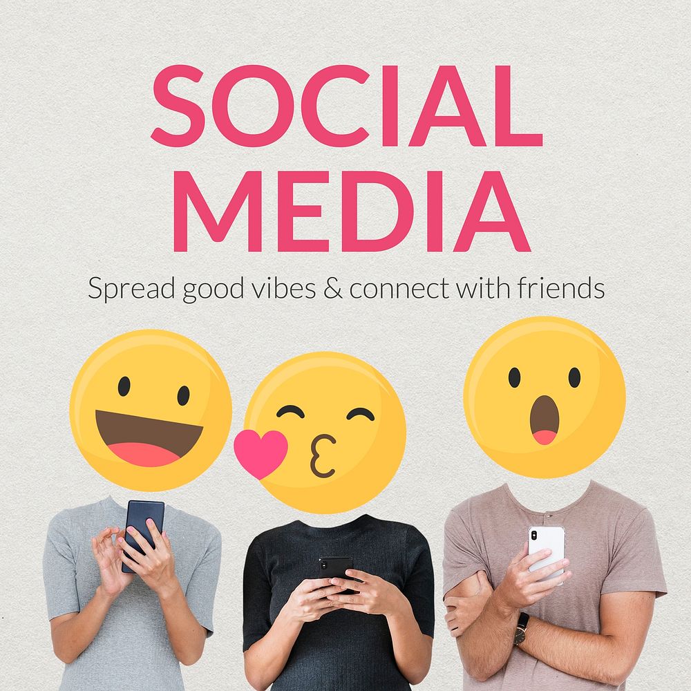 Social media lovers template, emoticon heads, Instagram post  vector