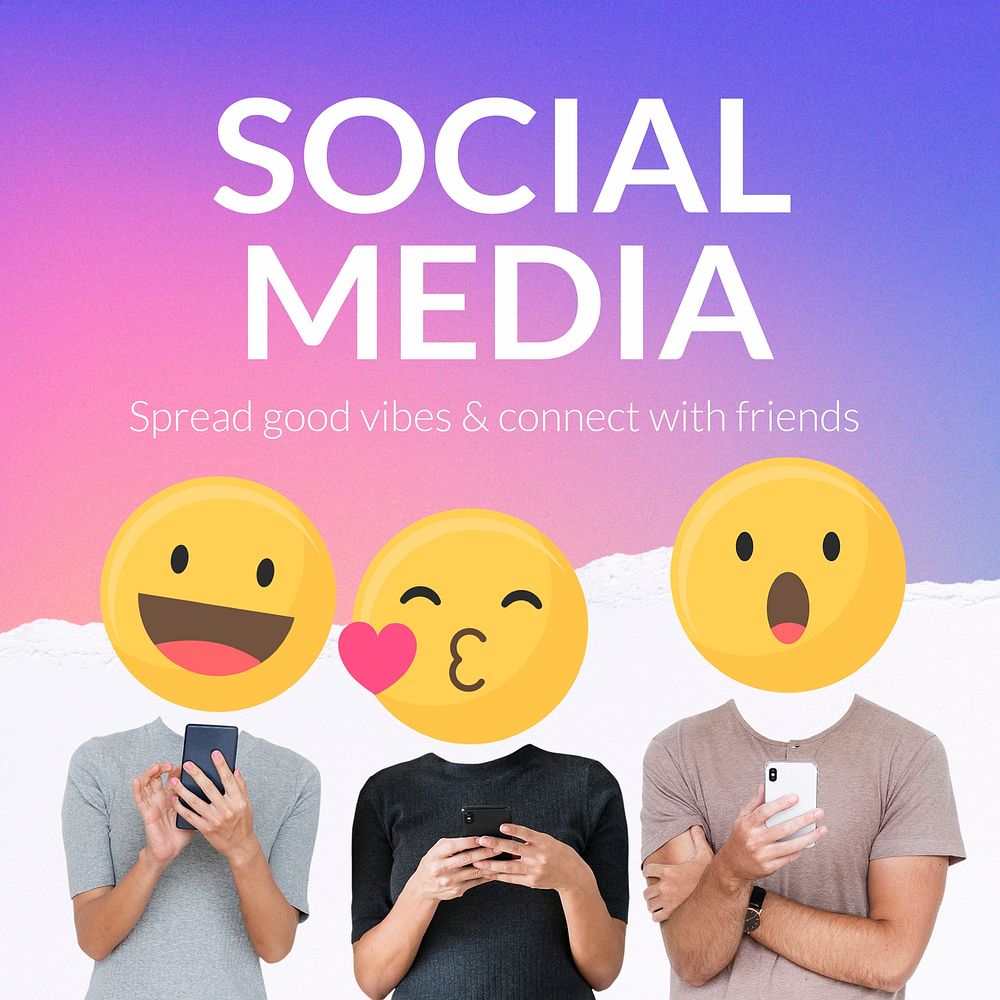 Social media lovers template, emoticon heads, Instagram post  vector