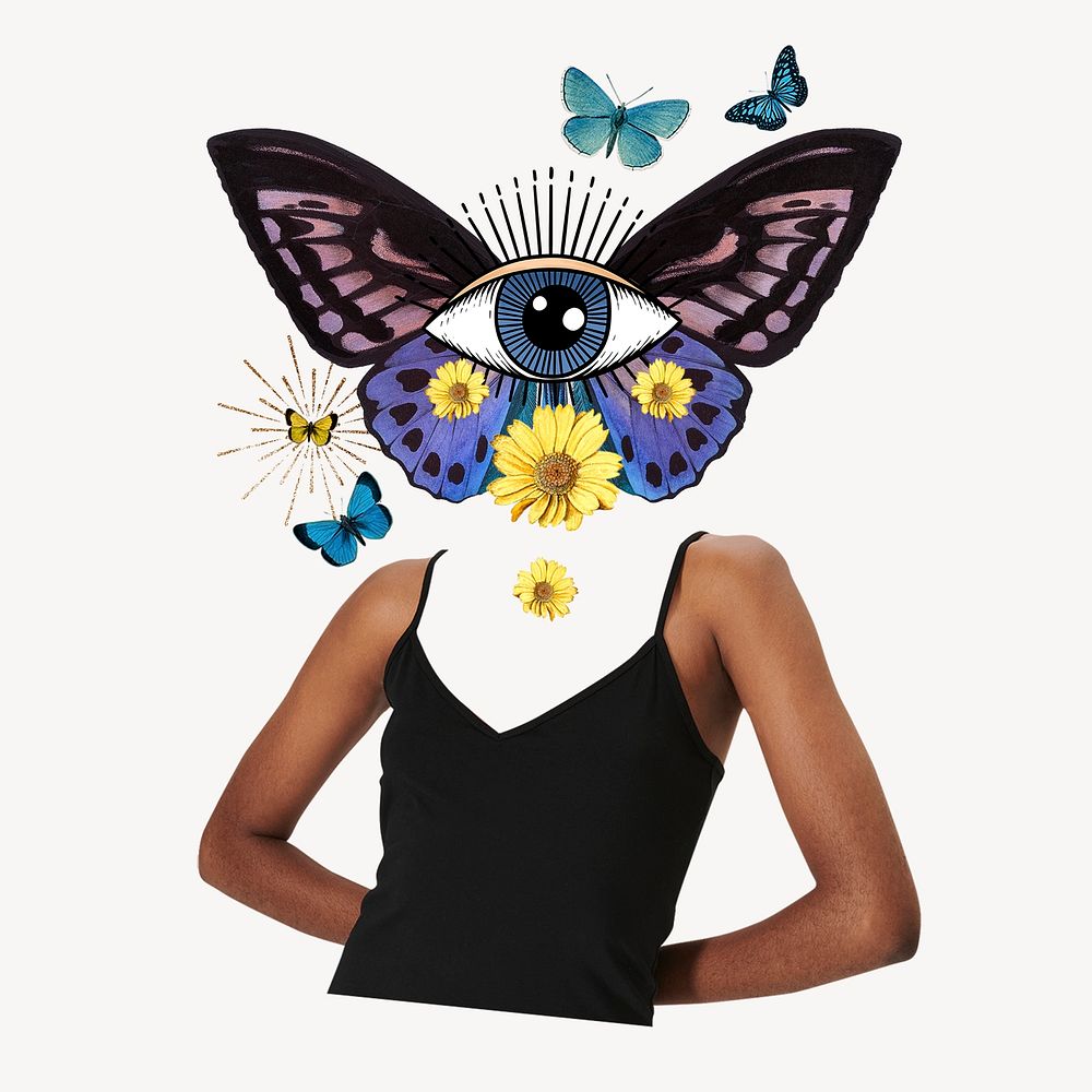 Butterfly head woman, spiritual abstract remixed media psd
