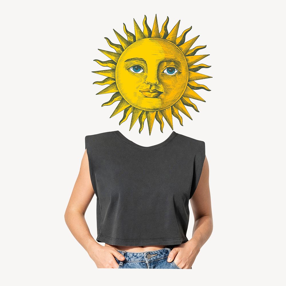 Celestial sun head woman, whimsical abstract remixed media psd