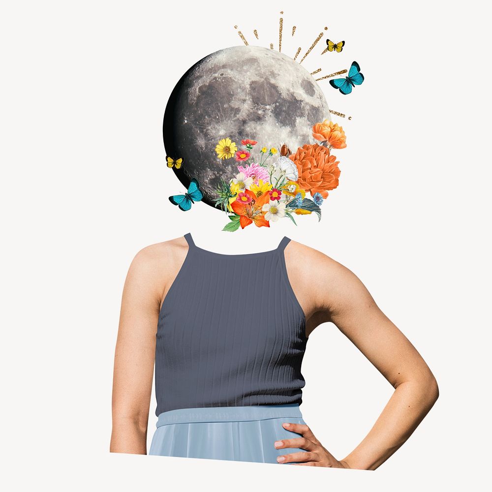 Moon head woman, surreal abstract remixed media psd