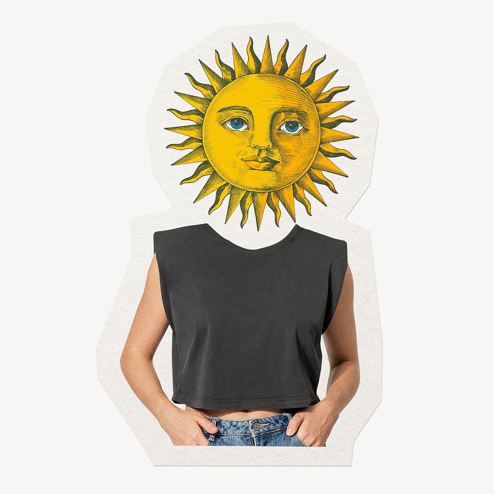 Celestial sun head woman, whimsical abstract remixed media