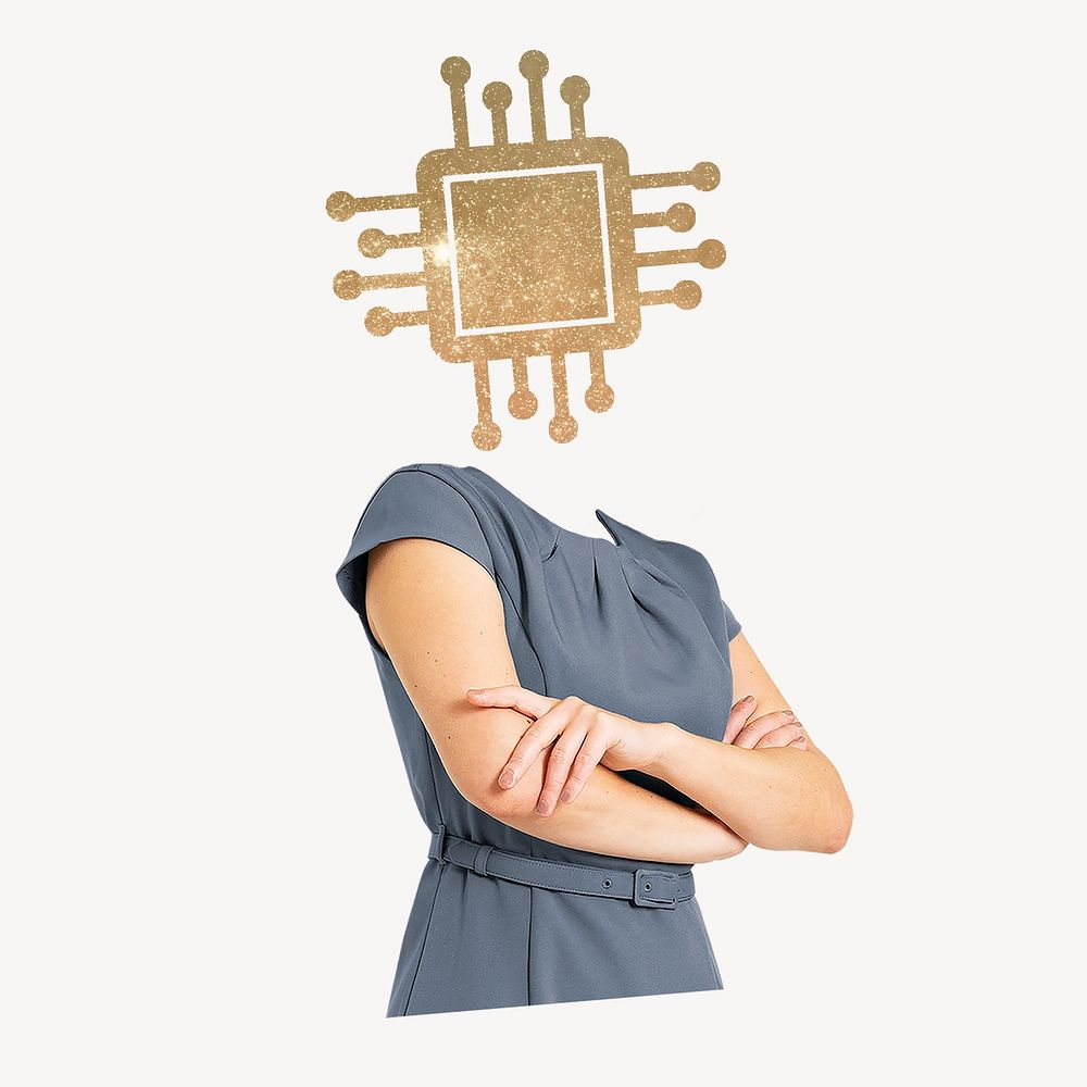 Microchip head businesswoman, tech company remixed media psd