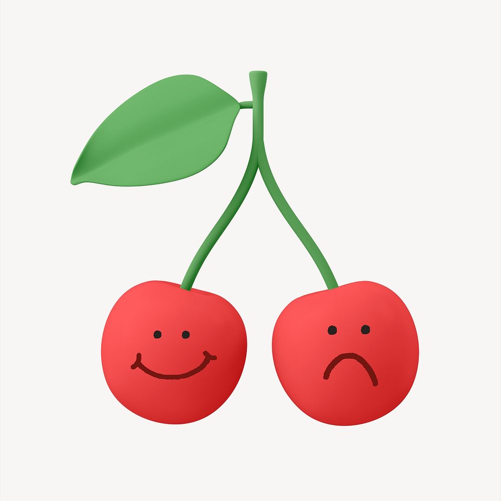 Sad, happy cherries fruit, 3D emoticon illustration