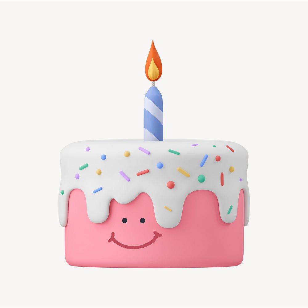 Smiling birthday cake, 3D emoticon illustration