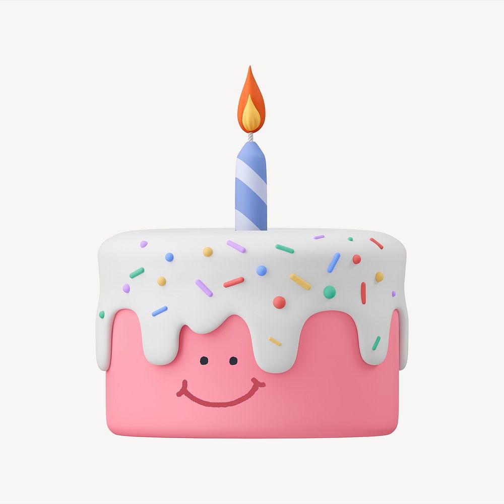 Smiling birthday cake 3D sticker, emoticon illustration psd
