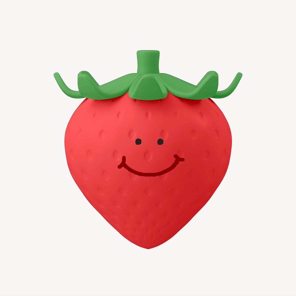 Smiling strawberry fruit, 3D emoticon illustration
