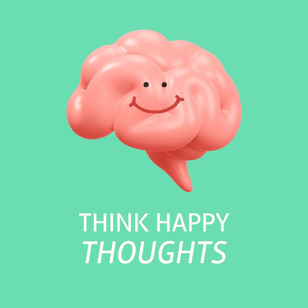 Happy thoughts Instagram post template, smiling brain 3D illustration vector