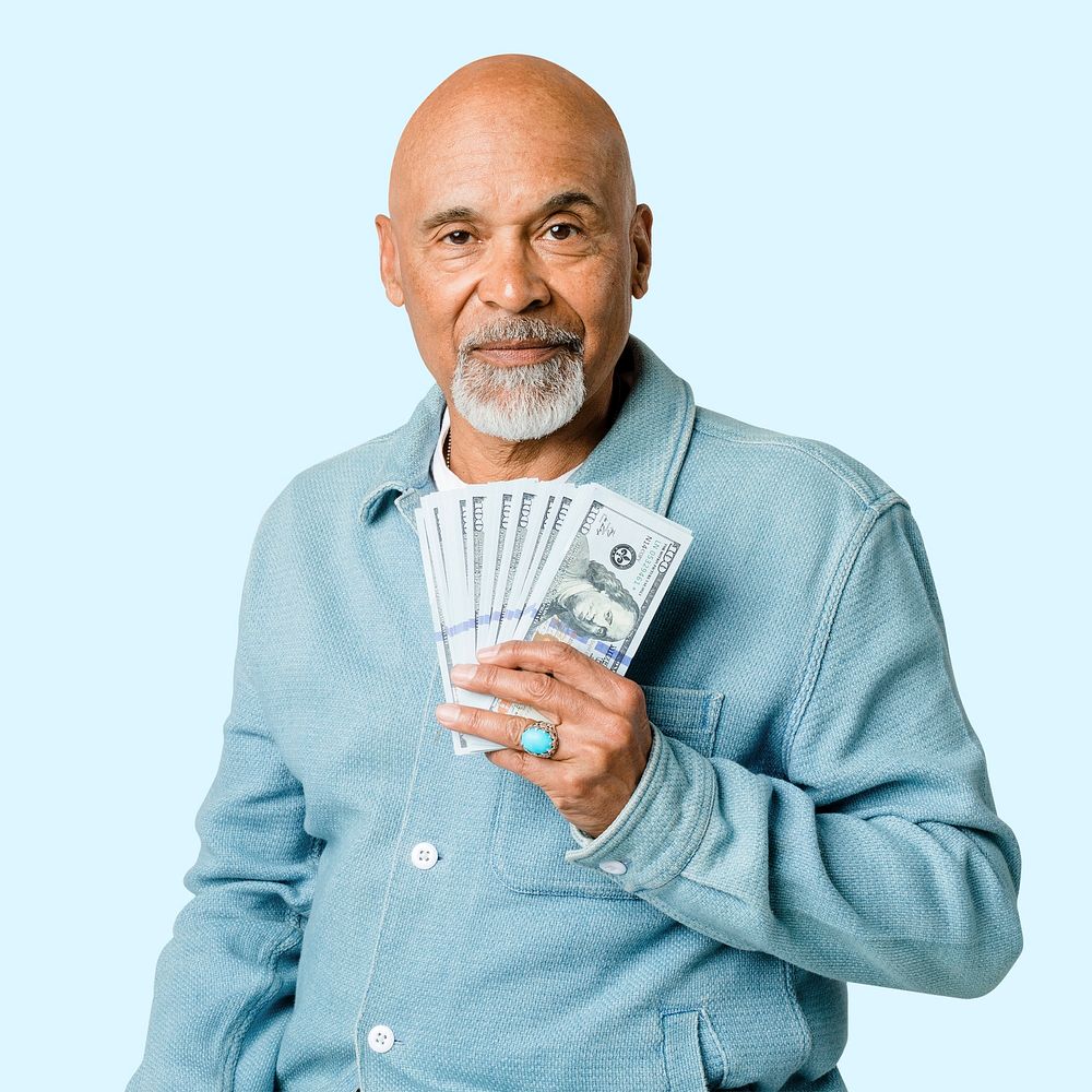 Retired man showing banknotes mockup