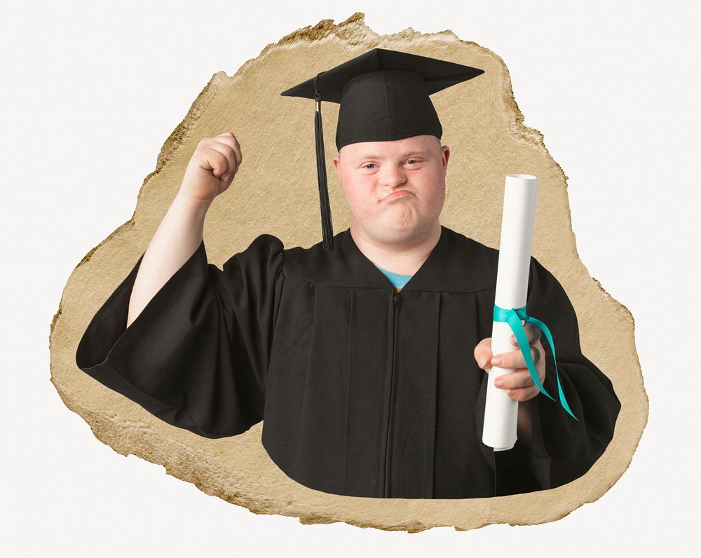Down syndrome graduate, ripped paper collage element