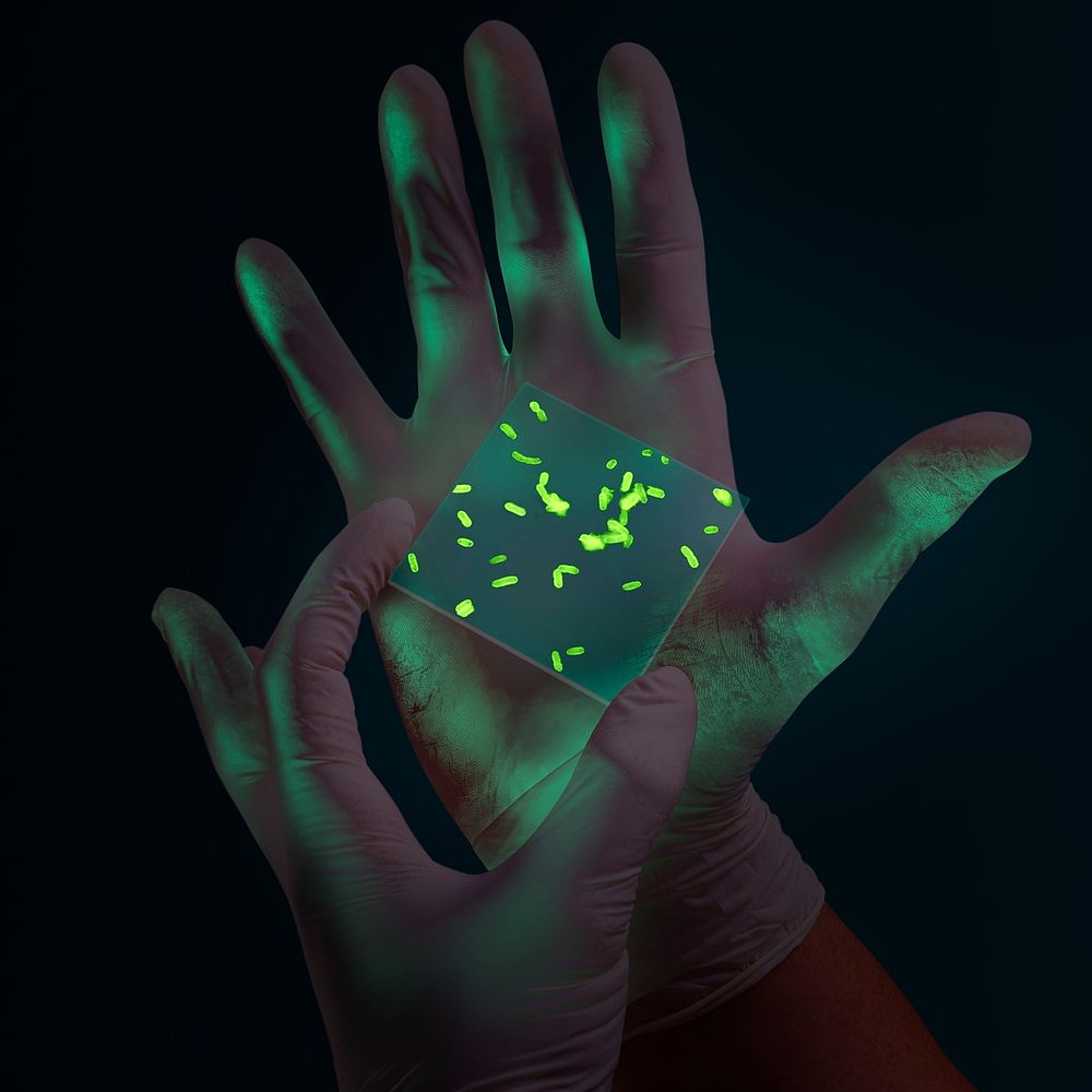 Technician holding a petri dish with glowing bacteria