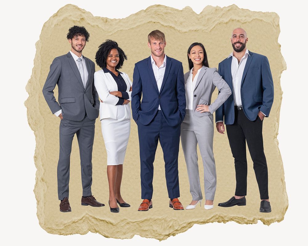 Diverse business team, ripped paper collage element