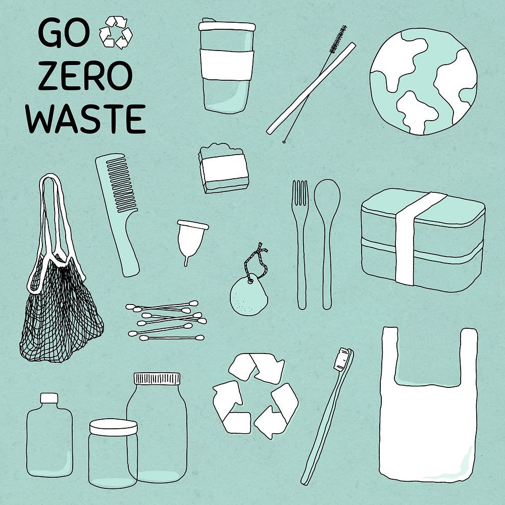 Eco-friendly product vector doodle illustration set