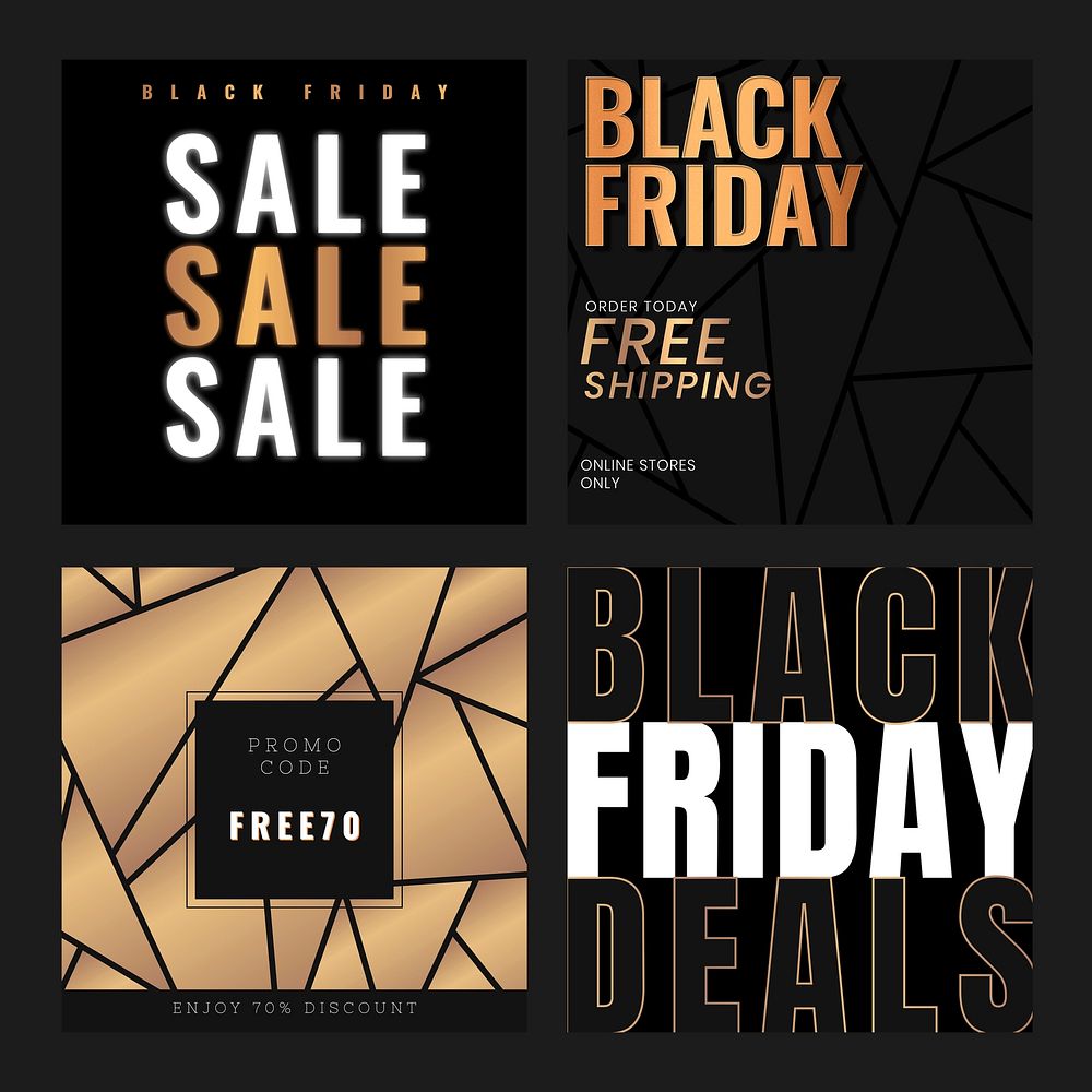 Black Friday sale vector golden metallic sale announcement set