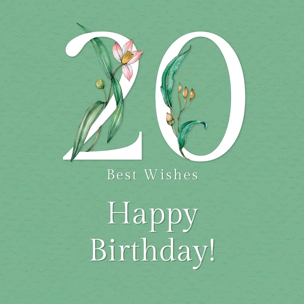 20th birthday greeting template psd with floral number illustration