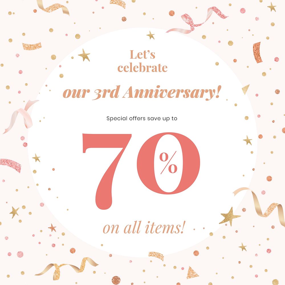 Anniversary sale template vector with 70% off for social media post