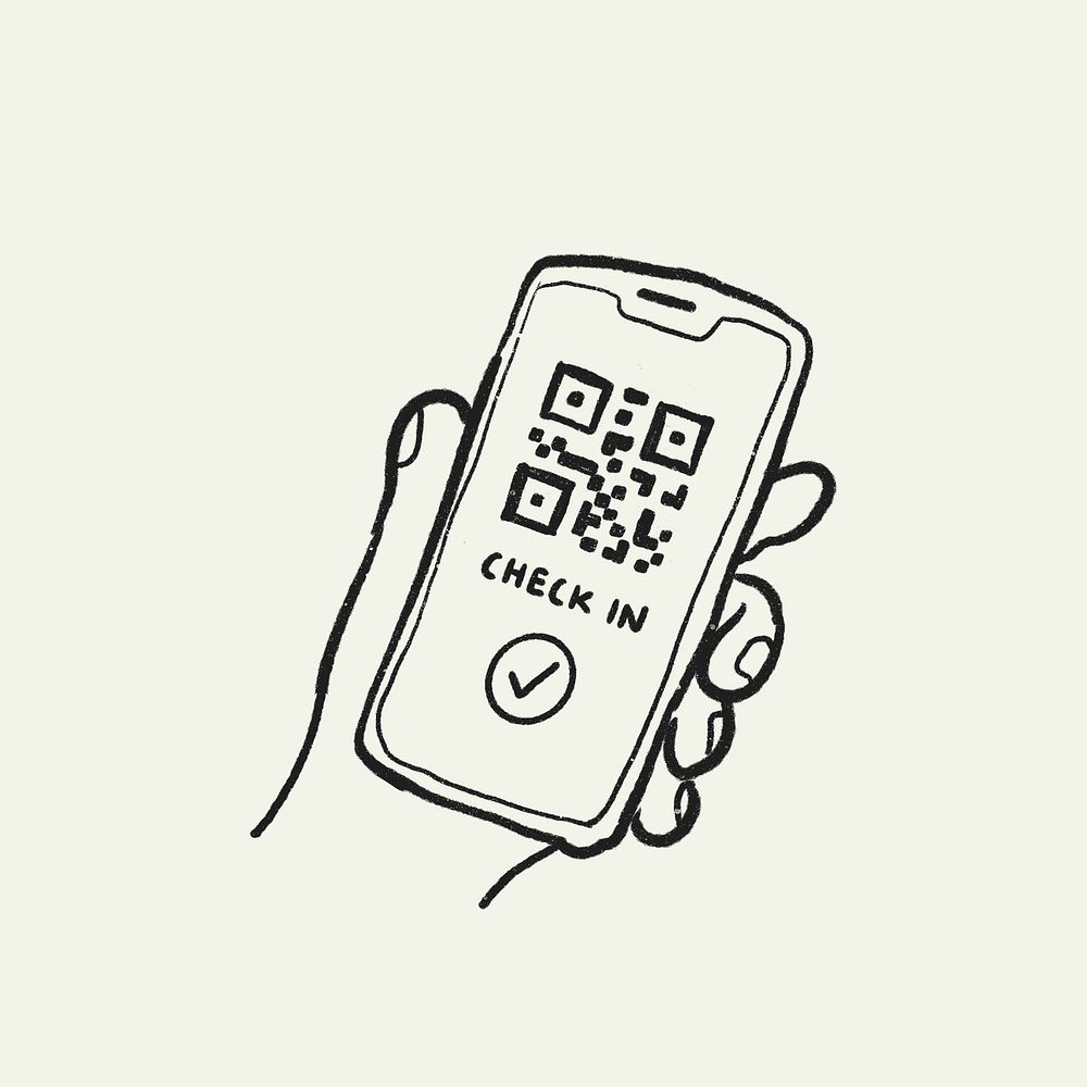 QR code check in vector, new normal doodle illustration