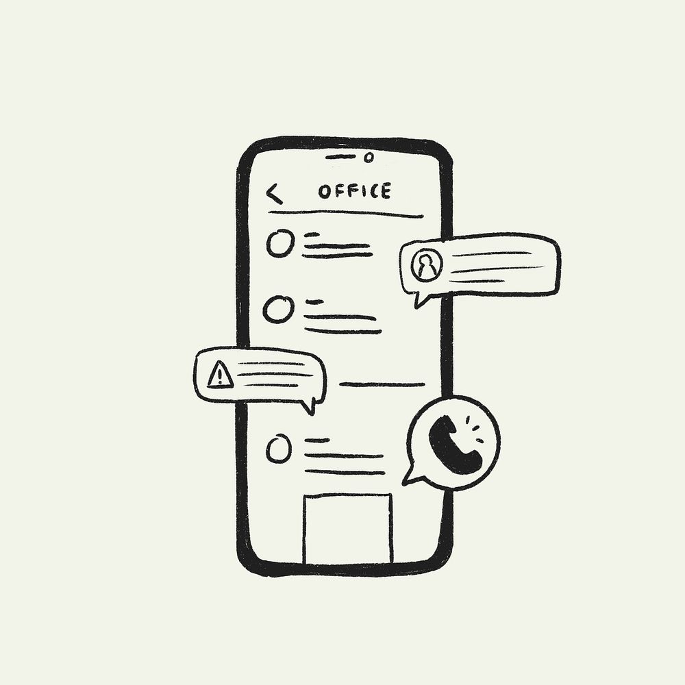 Mobile phone app doodle vector, internal communication chat room illustration