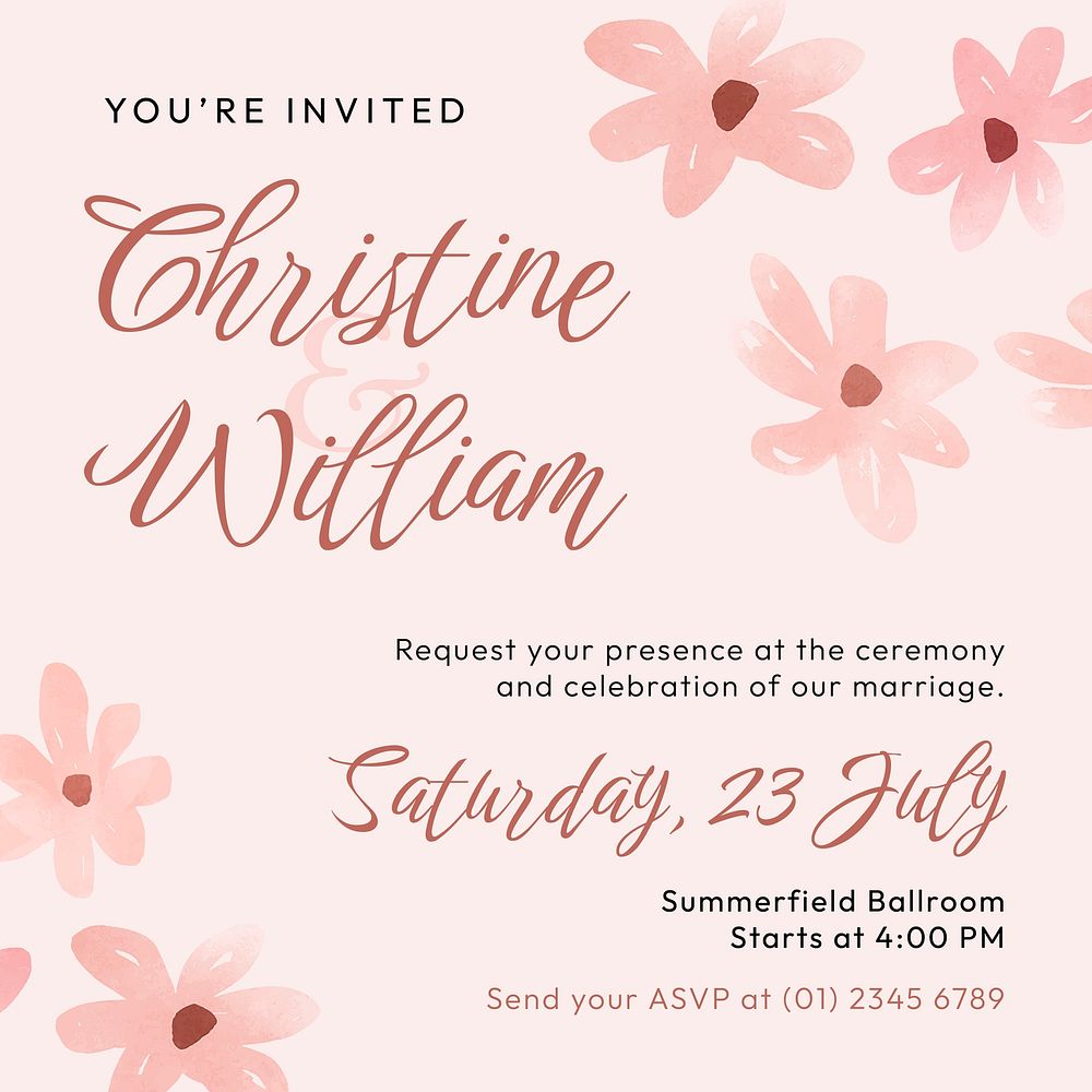 Floral wedding Instagram post template, pink Spring aesthetic vector