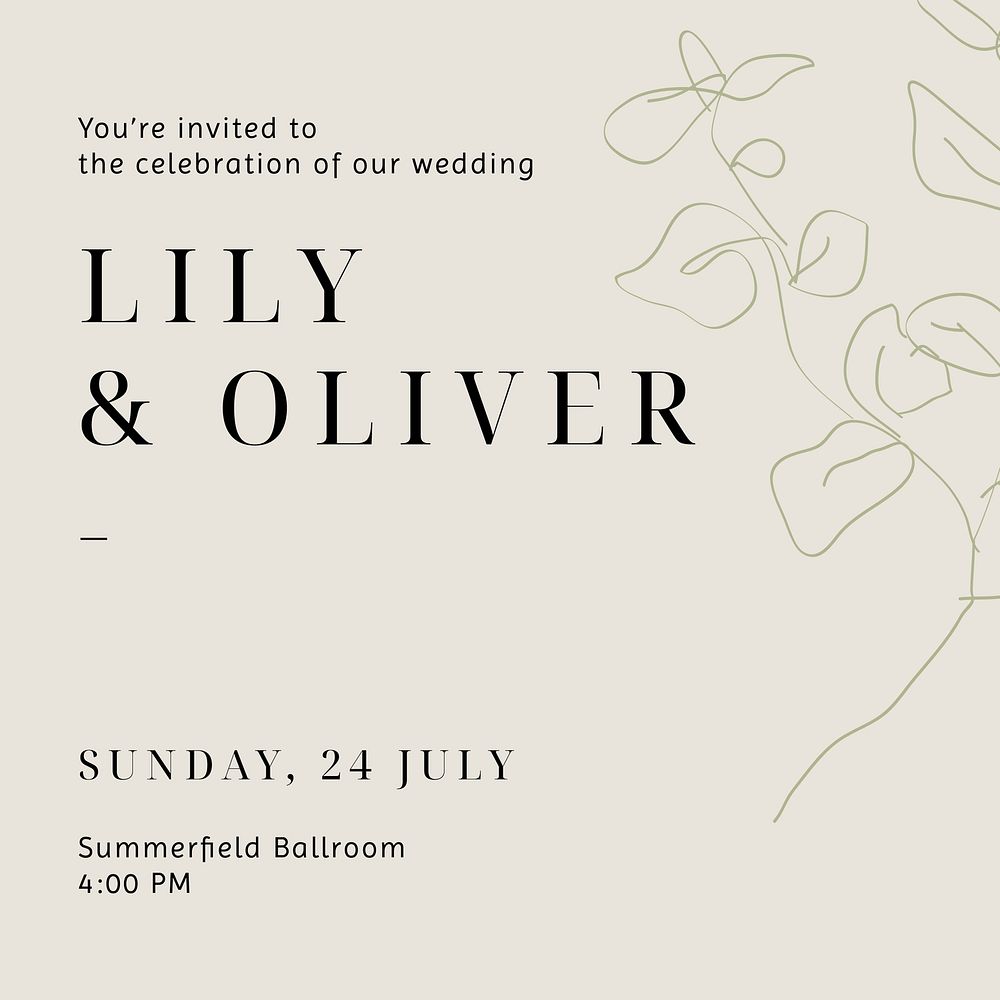 Minimal wedding Instagram post template, line art design vector