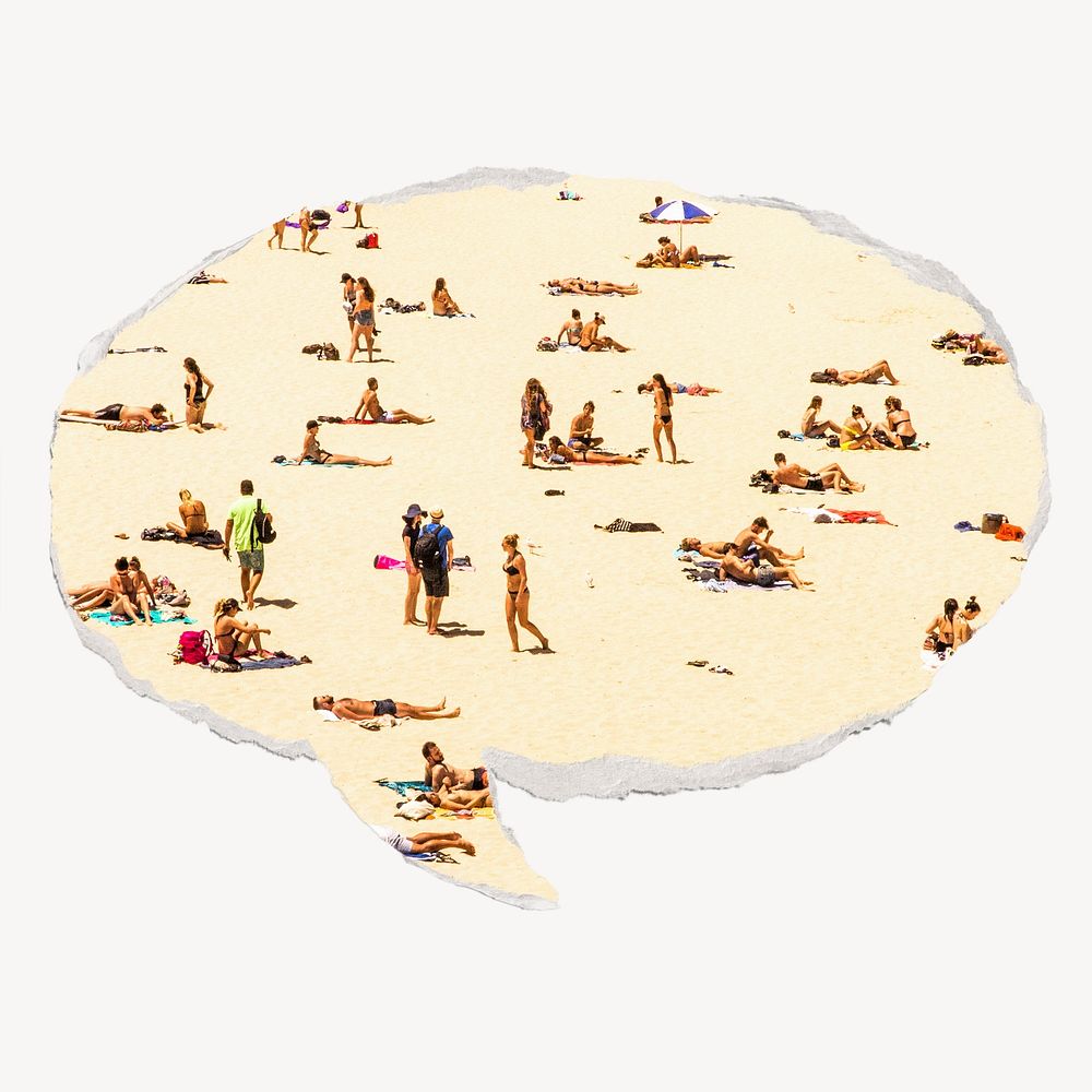 People at the beach, ripped paper speech bubble, Summer image