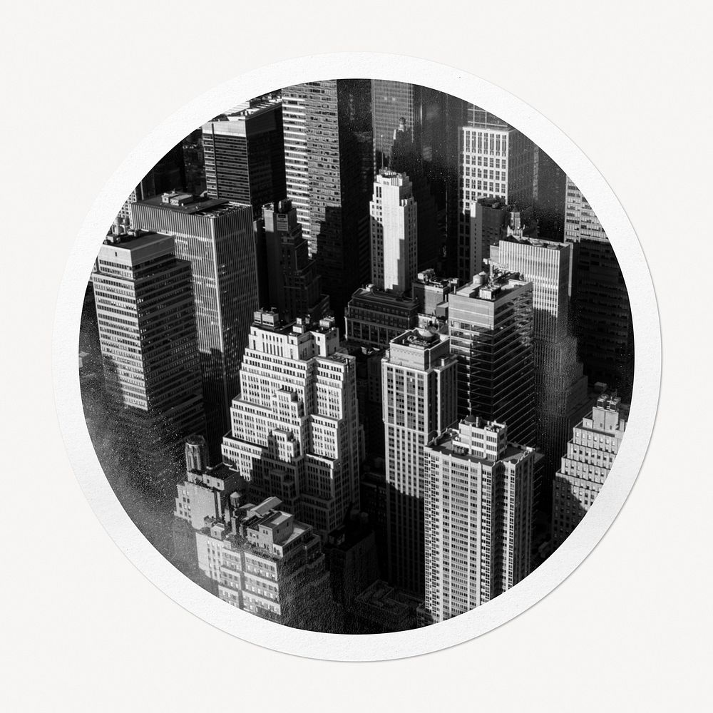 Grayscale buildings in circle frame, city image