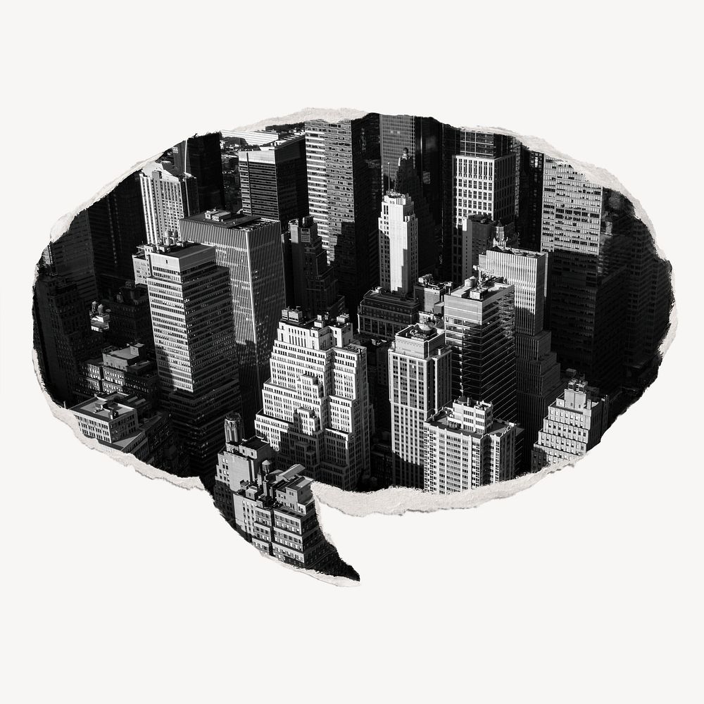 Grayscale buildings, ripped paper speech bubble, city image