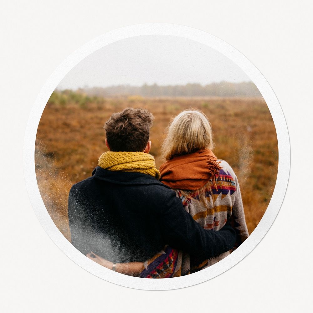 Tourist couple in circle frame, travel image
