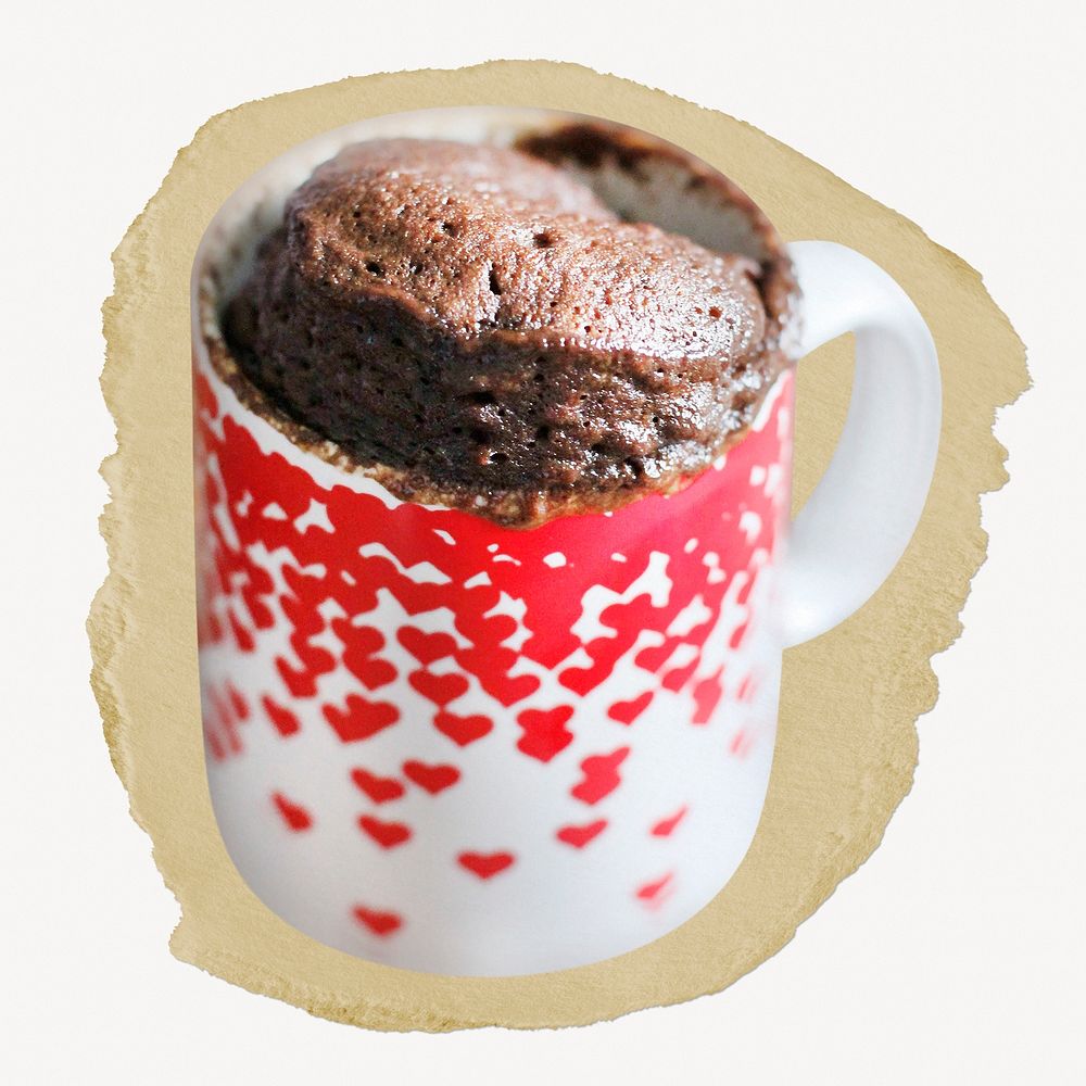 Chocolate mug cake ripped paper, dessert graphic