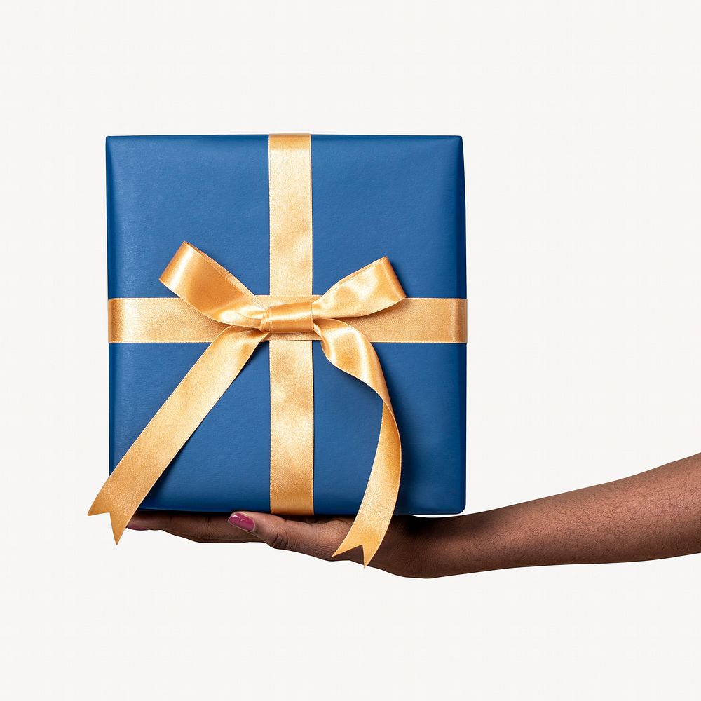 Hand presenting gift box isolated image