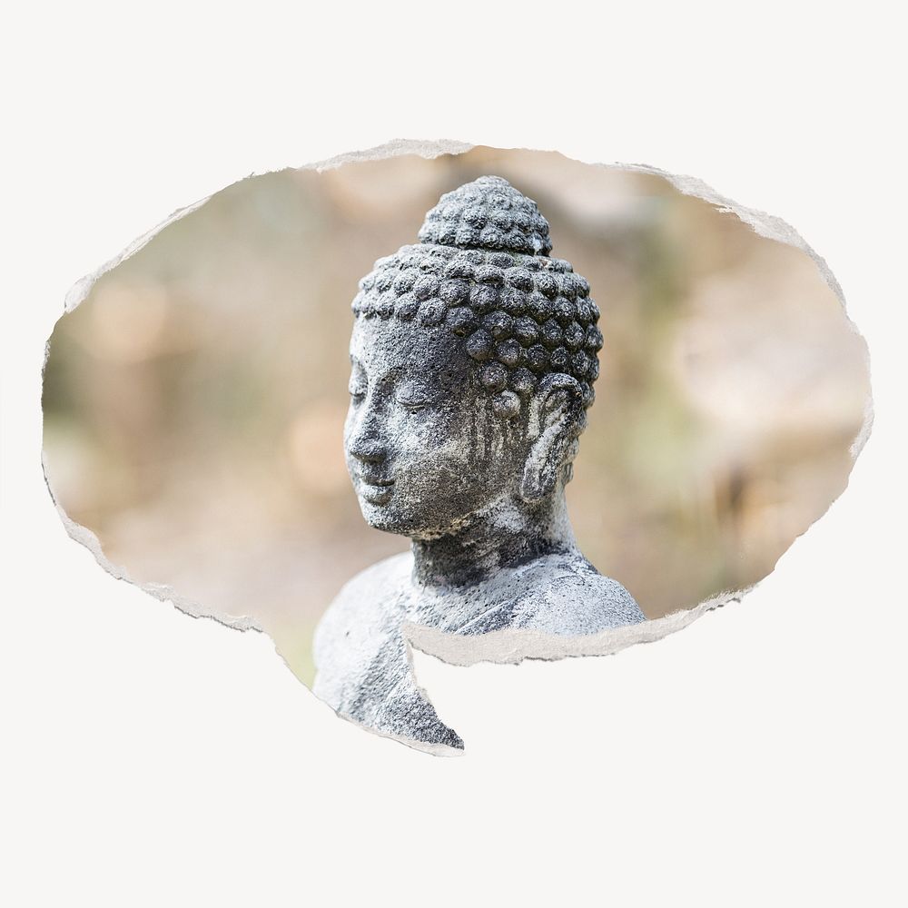 Buddha statue, ripped paper speech bubble, religious image