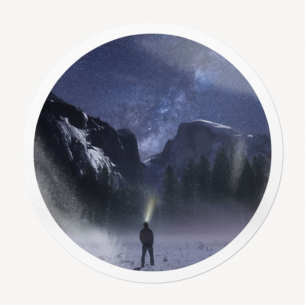 Man in snow mountain in circle frame, travel image