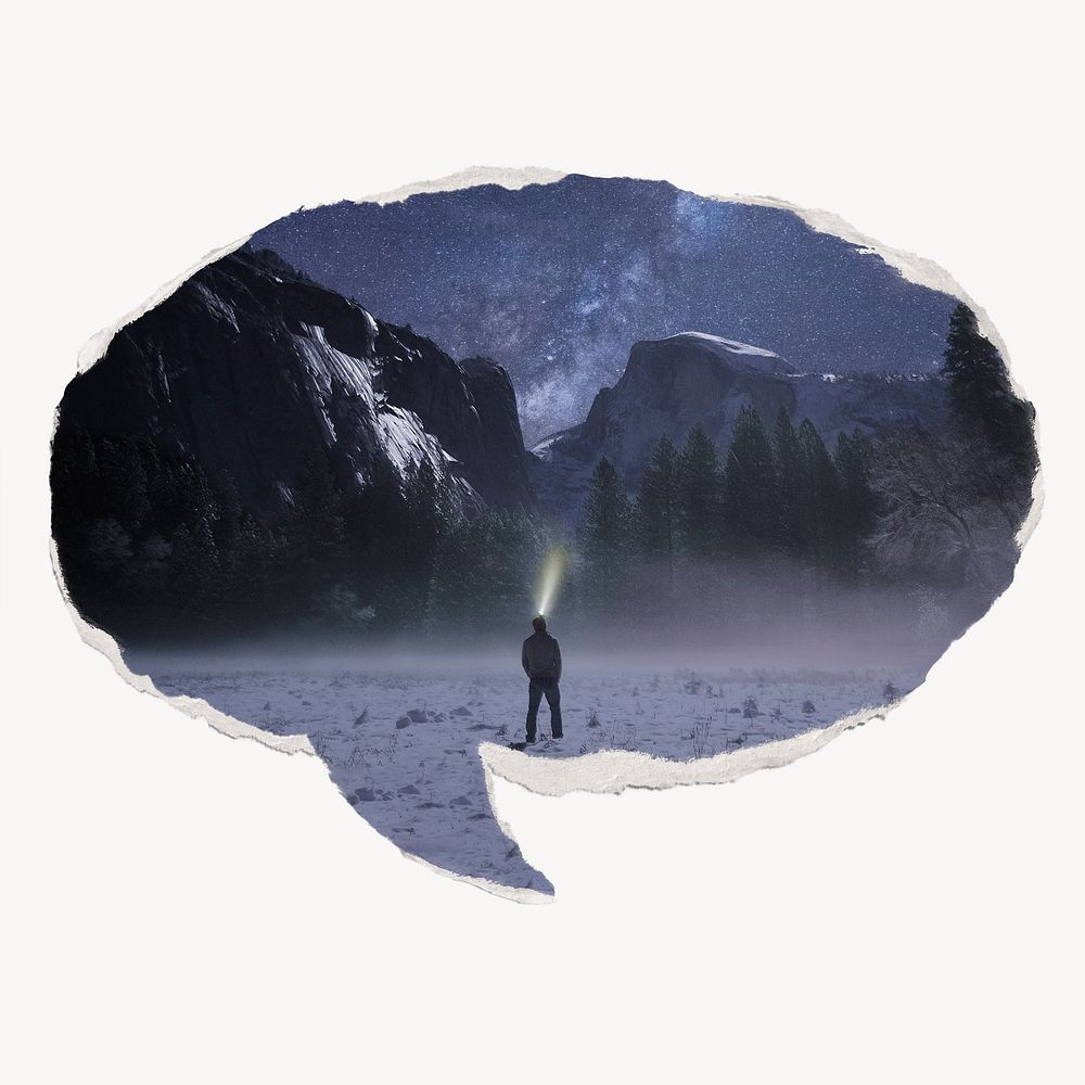 Man in snow mountain, ripped paper speech bubble, travel image