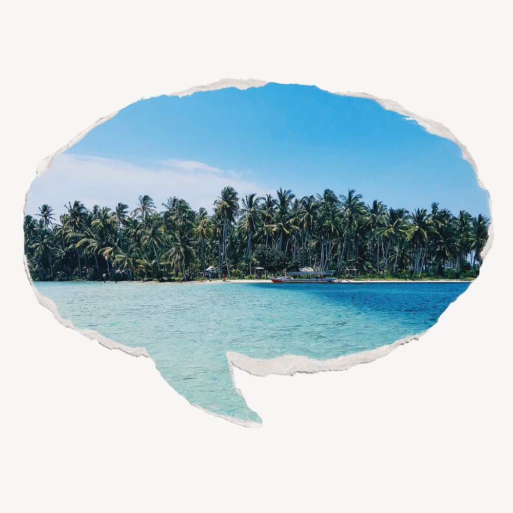 Tropical beach, ripped paper speech bubble, Summer image
