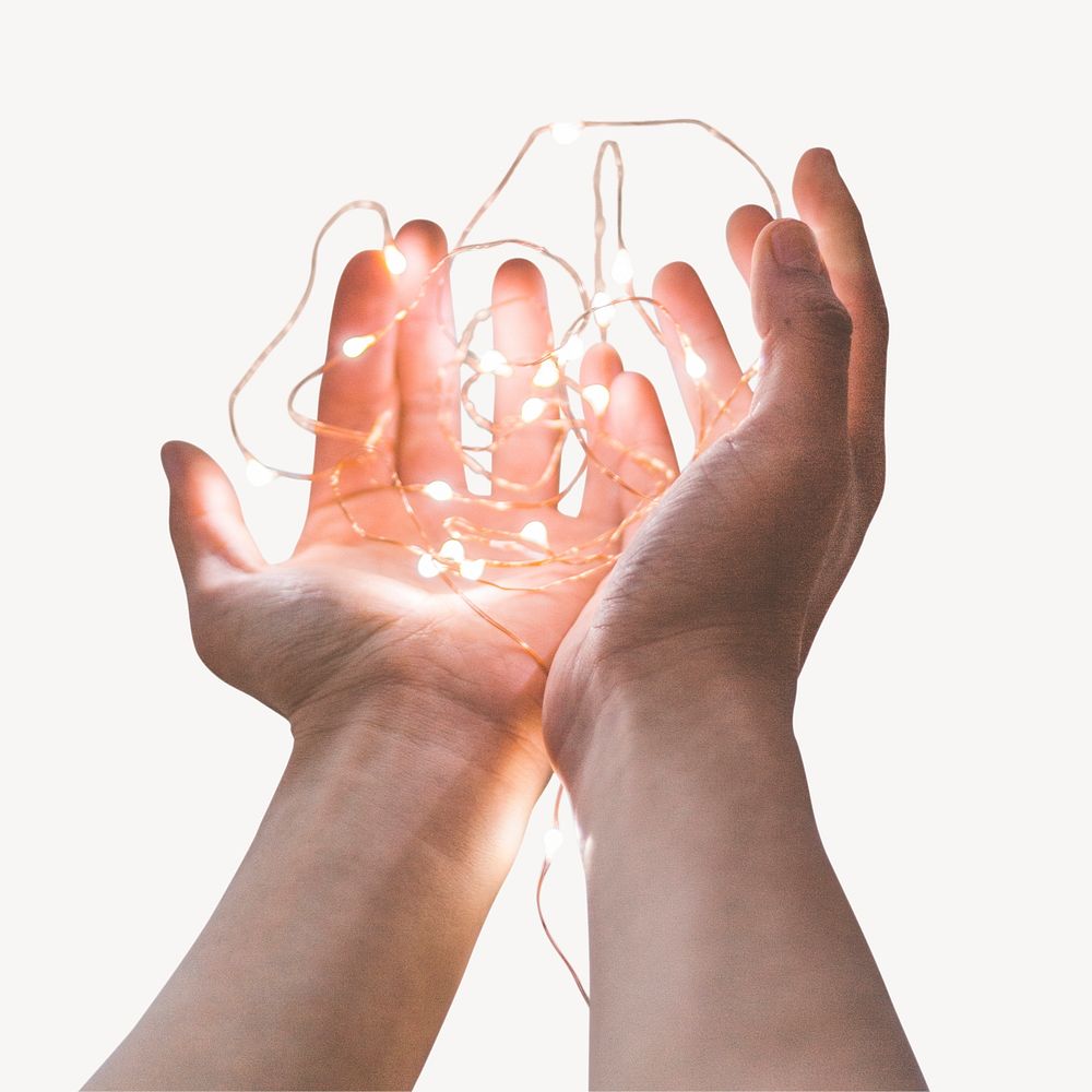 Hands holding fairy lights sticker, aesthetic image psd