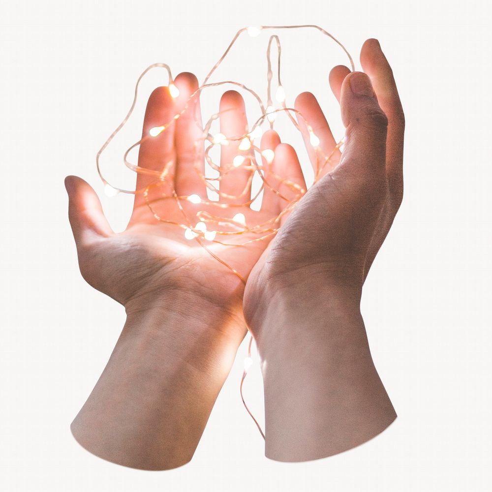 Hands holding fairy lights isolated image